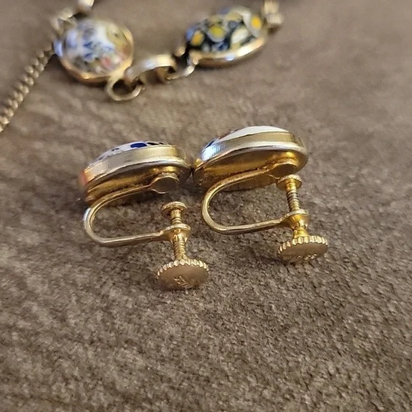 WEISS Antique Venetian Glass Cabochon Chain Bracelet Screw-on Earrings Set - Picture 6 of 7